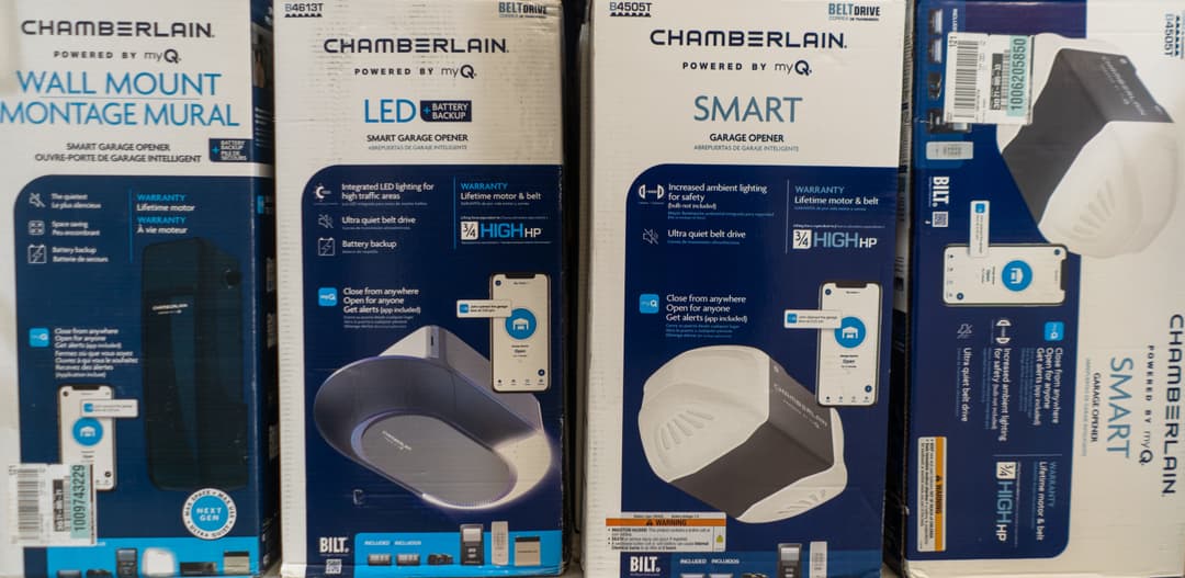 Chamberlain smart garage opener packages with LED battery backup and wall mount options.