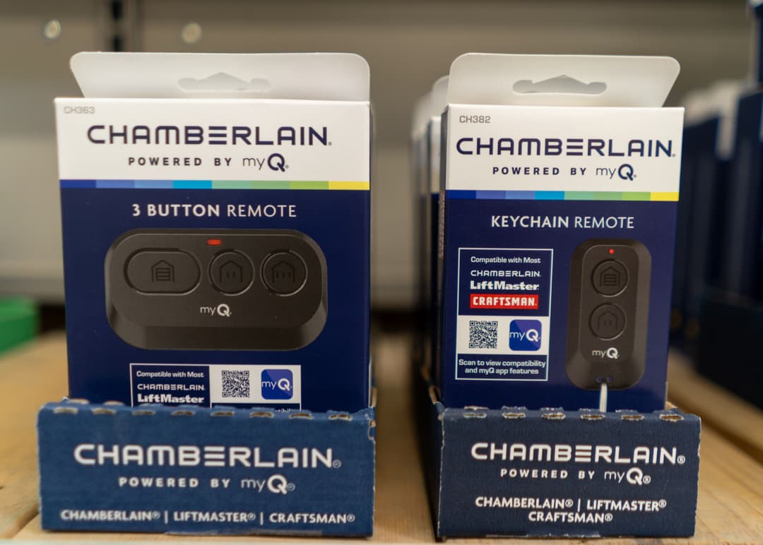 Chamberlain myQ remote control packaging, featuring 3-button and keychain models.
